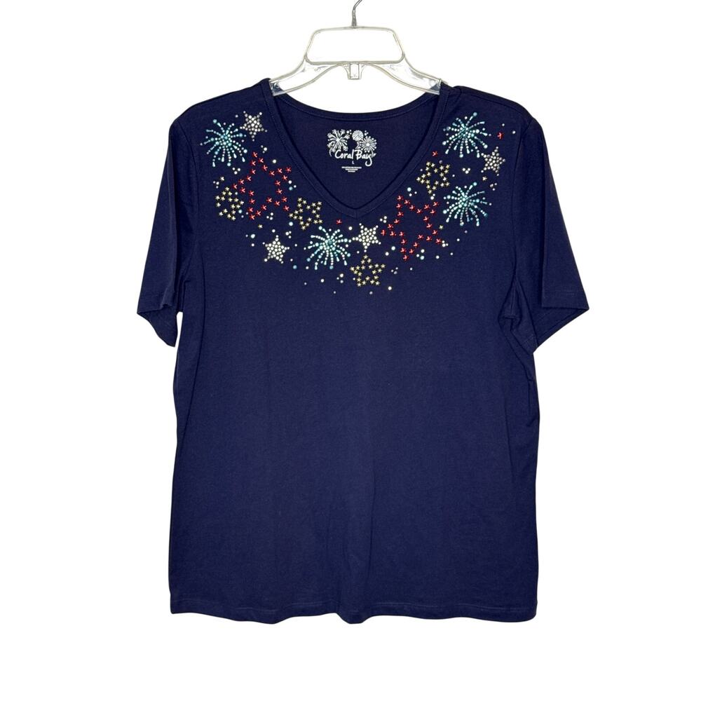 Coral Bay NWT Sz L Bedazzled V-neck Fourth of July Celebration t-shirt | NWT￼